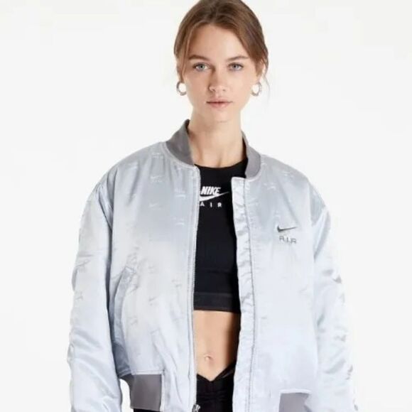 Nike Air Pure Platinum Bomber Jacket Womens- Small Satin Silver DV4372-043 $140 - Picture 1 of 7